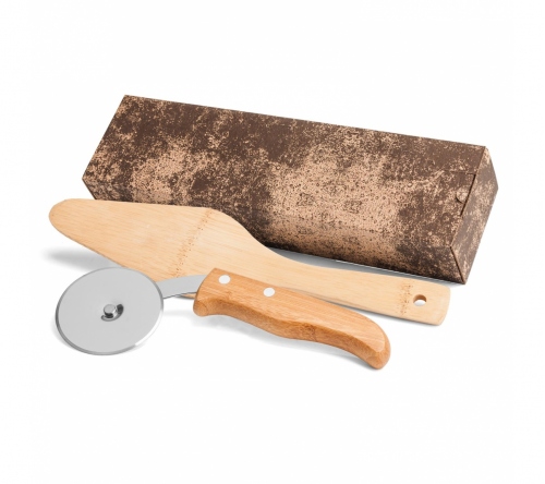 Brinde cortador de pizza em inox e bambu personalizado