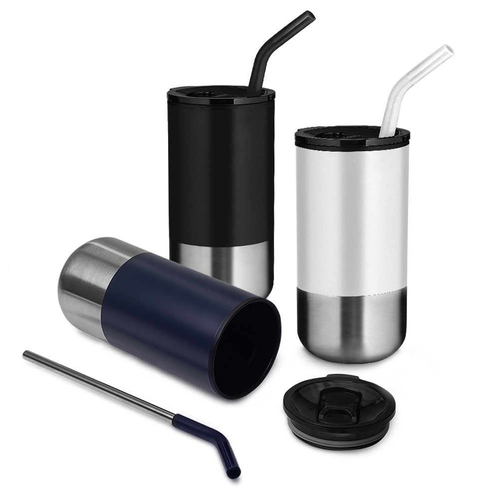   Copo com canudo, inox com revestimento plástico 550ml