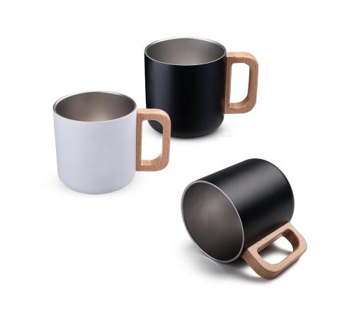 Caneca térmica com alça em madeira