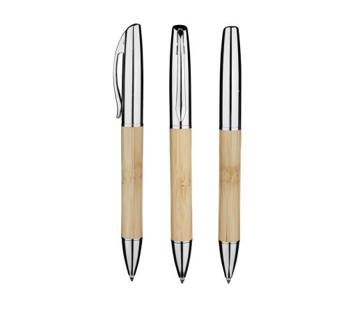 Caneta exacutiva bambu com detalhes em metal.