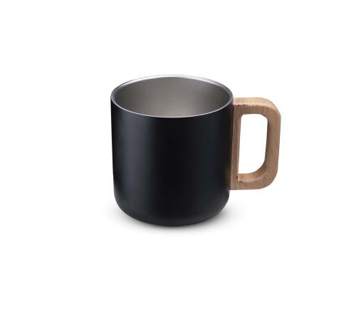 Caneca térmica com alça em madeira