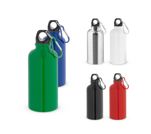 Garrafa Squeeze esportiva em aço inox, de parede simples e acabamento brilhante com mosquetão 560 mL