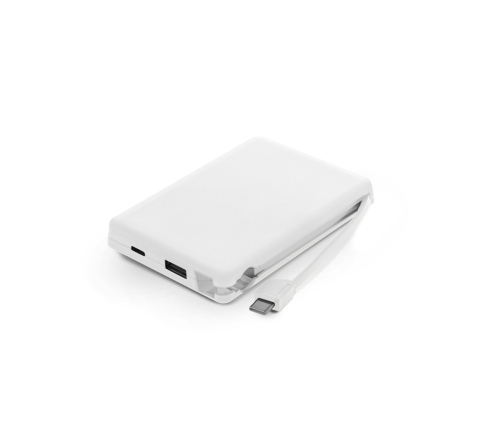 Bateria portátil em ABS 100% reciclado, com cabo integrado e capacidade de 10'000 mAh