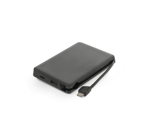 Bateria portátil em ABS 100% reciclado, com cabo integrado e capacidade de 10'000 mAh