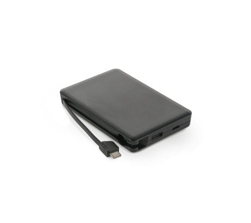 Bateria portátil em ABS 100% reciclado, com cabo integrado e capacidade de 10'000 mAh