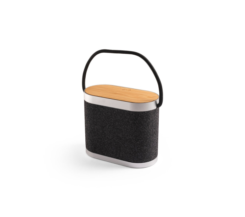 Caixa de som de 15W com carregador wireless super-rápido 15W e 2h de autonomia em bambu e PET 100% reciclado