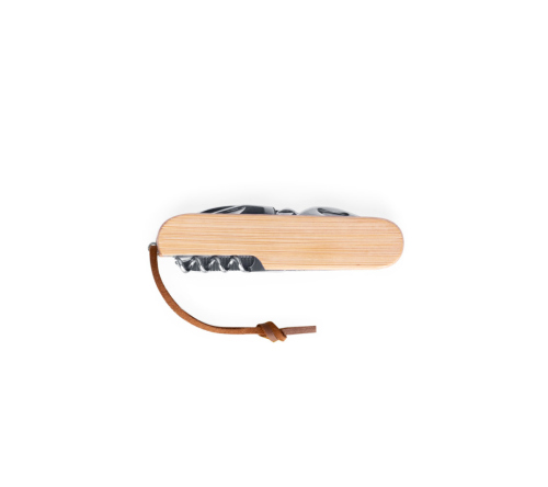 Canivete multifunções em bambu e aço inox com cordão em PU com 7 funções